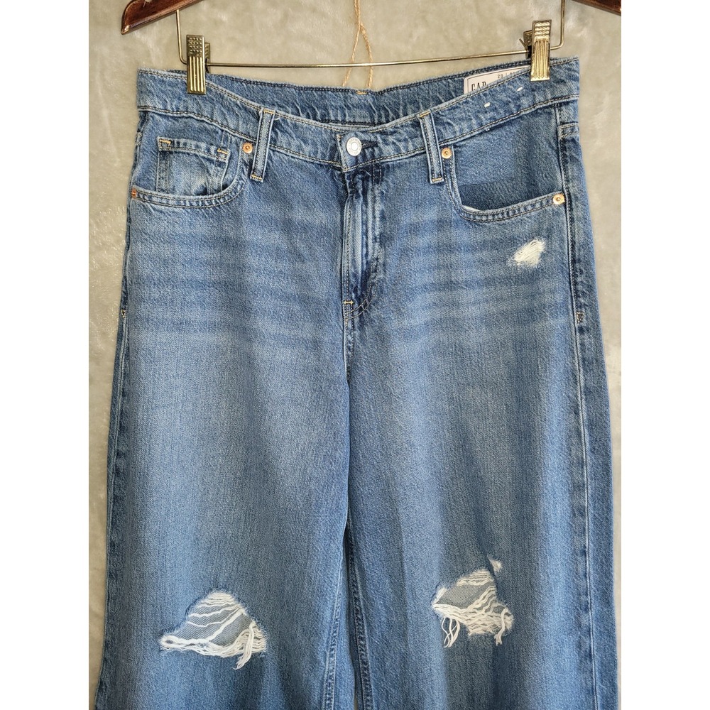 Gap Baggy Mid Rise Jeans Womens 29/8R Blue Medium Wash Wide Leg Distressed - Picture 3 of 8